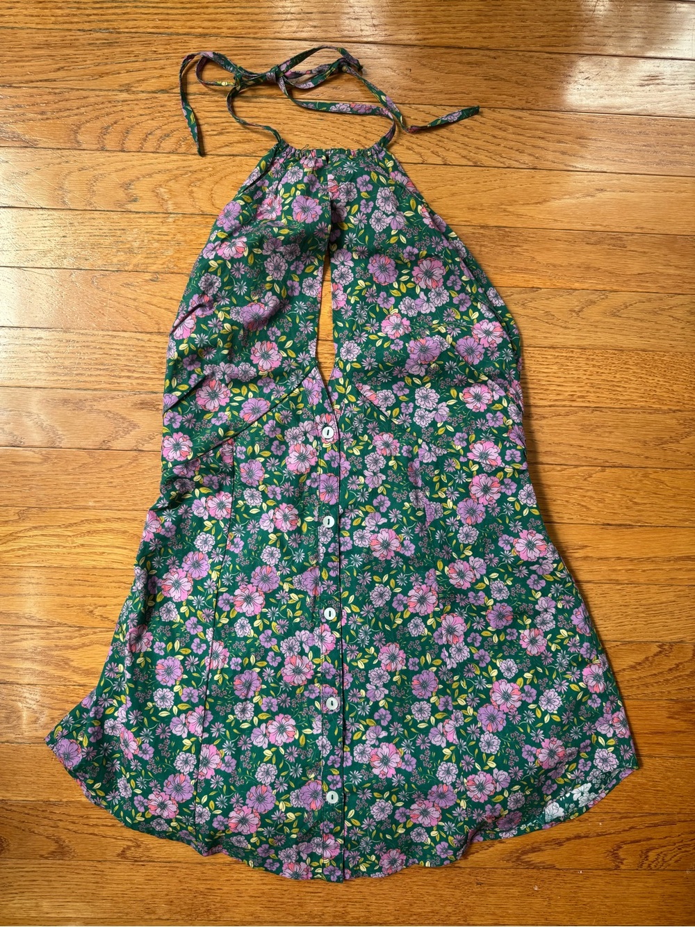 Free People Green Floral Halter Mini Dress with Pink Flowers